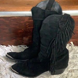 Black suede fringe boots